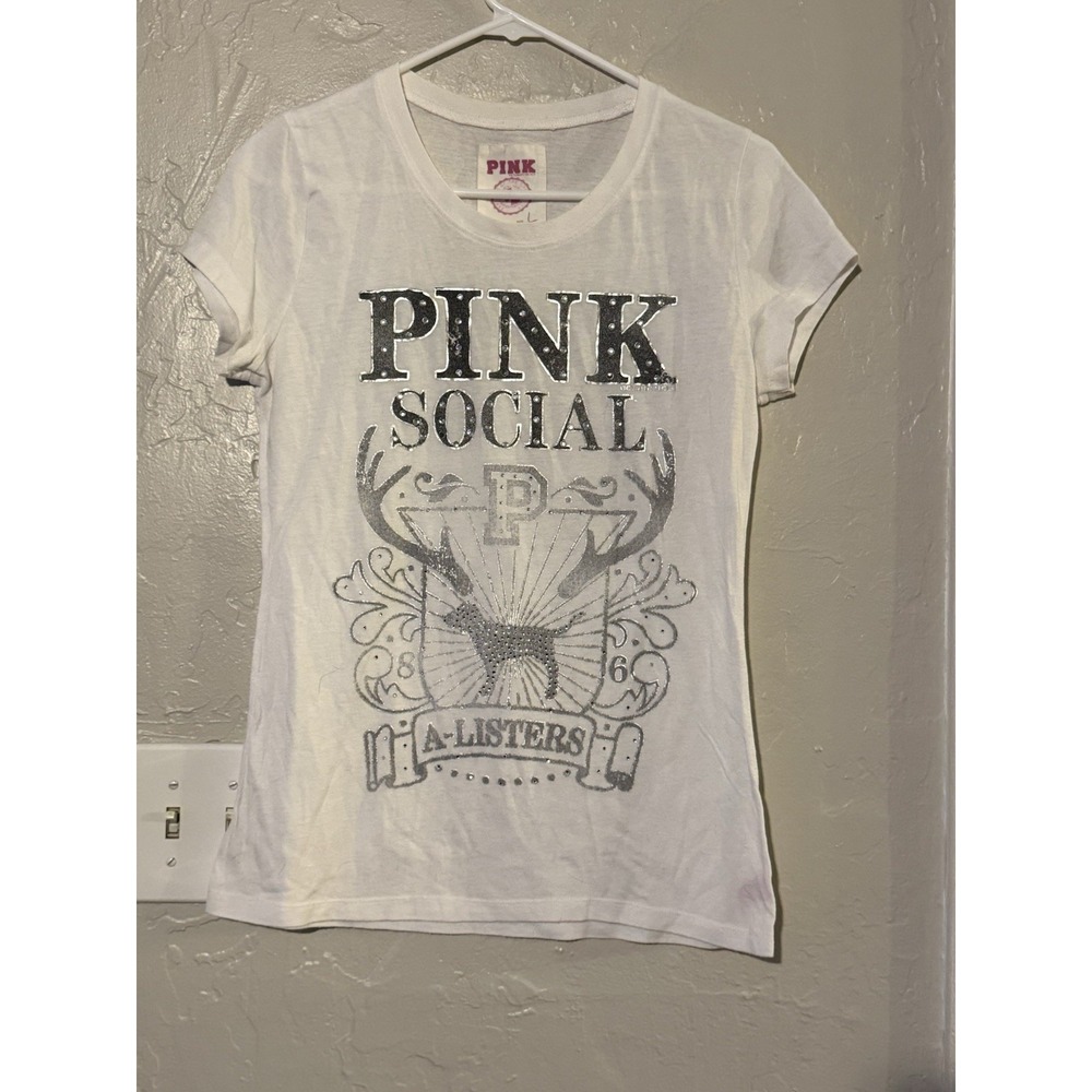 Y2K vintage Victoria's Secret PINK "Social A-Listers" white t-shirt Size Large
